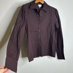 NWT Ex Voto 100% Cotton Chocolate Brown Button Down Long Sleeve Blouse